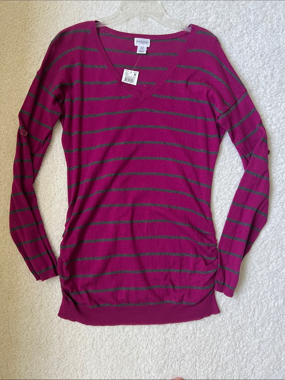 Motherhood Maternity Magenta and Gray Striped V-Neck Maternity Top